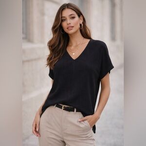Misook Black Textured V-Neck Top